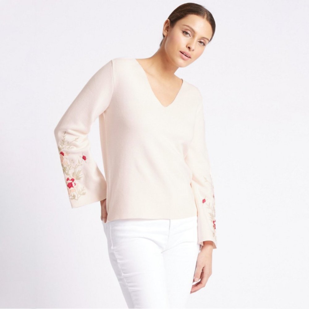 Per Una V-Neck Embroidered Flare Sleeve Sweater